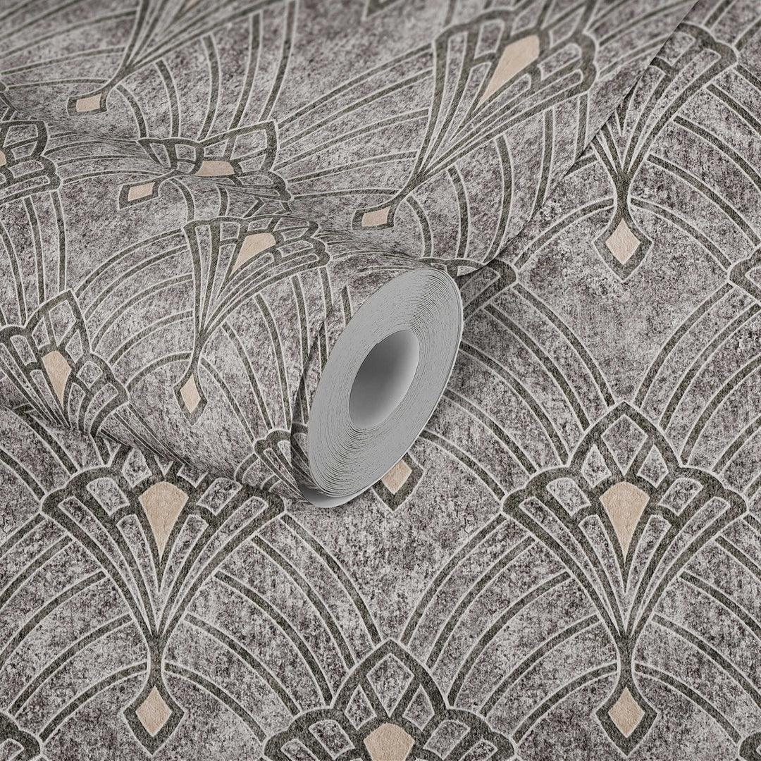 Art Deco tapetes ar ornamentu un ģipša izskatu melnā krāsā 380944 Tapetenshop.lv