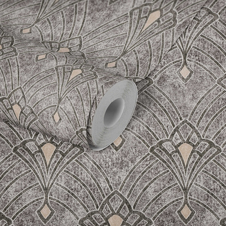 Art Deco tapetes ar ornamentu un ģipša izskatu melnā krāsā 380944 Tapetenshop.lv