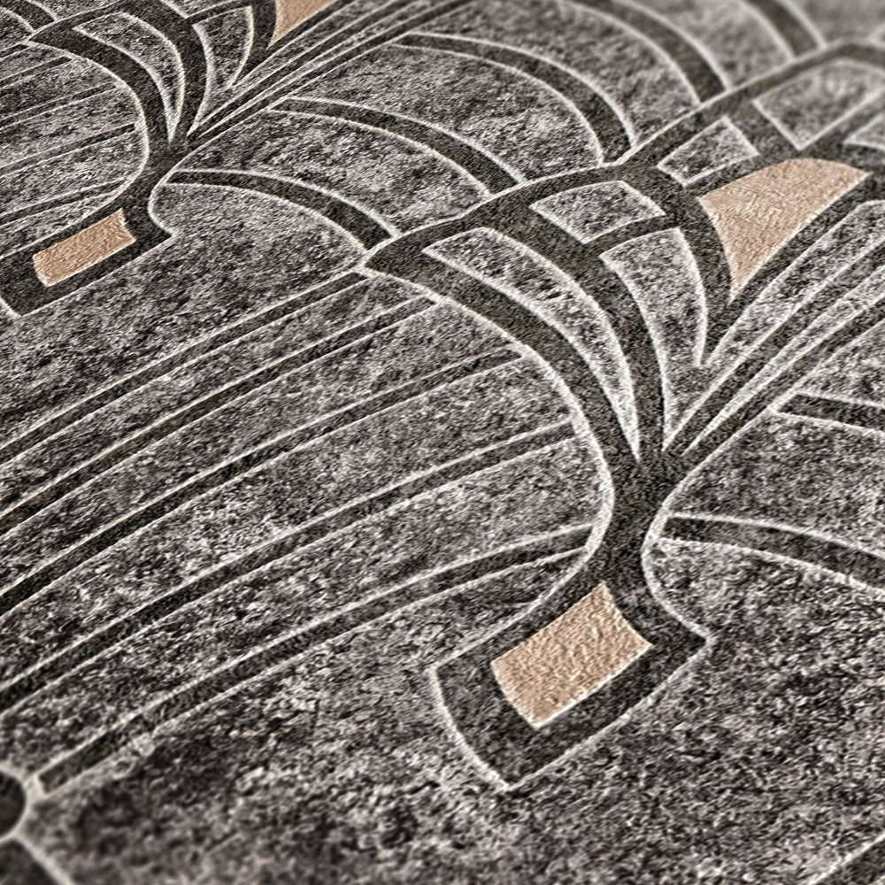 Art Deco tapetes ar ornamentu un ģipša izskatu melnā krāsā 380944 Tapetenshop.lv