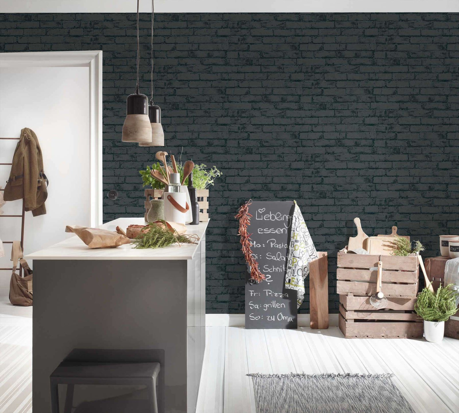 3D tapetes ar akmens rakstu, melna ķieģeļu siena AS 907882 AS Creation