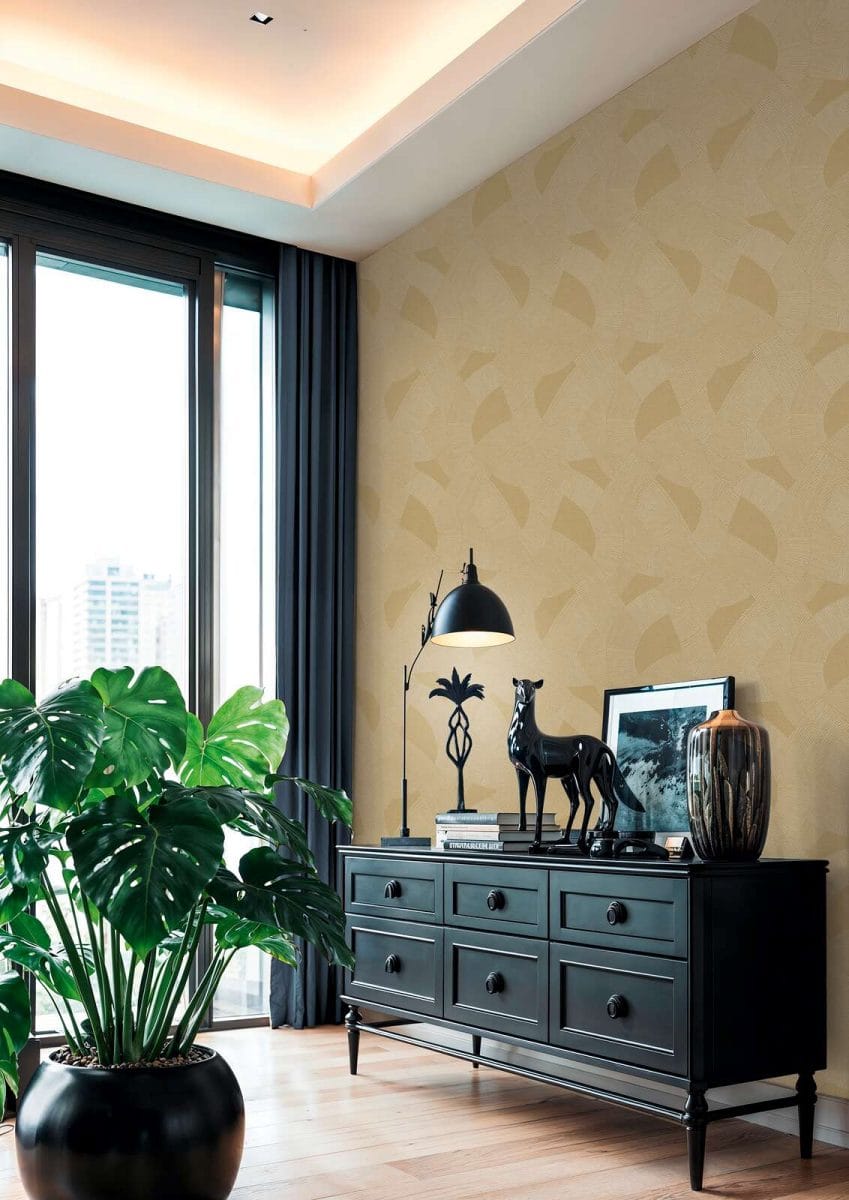 Tan abstract wallpaper with lines and shine for a cosy living room. SKU: 3012064, AS Creation.
