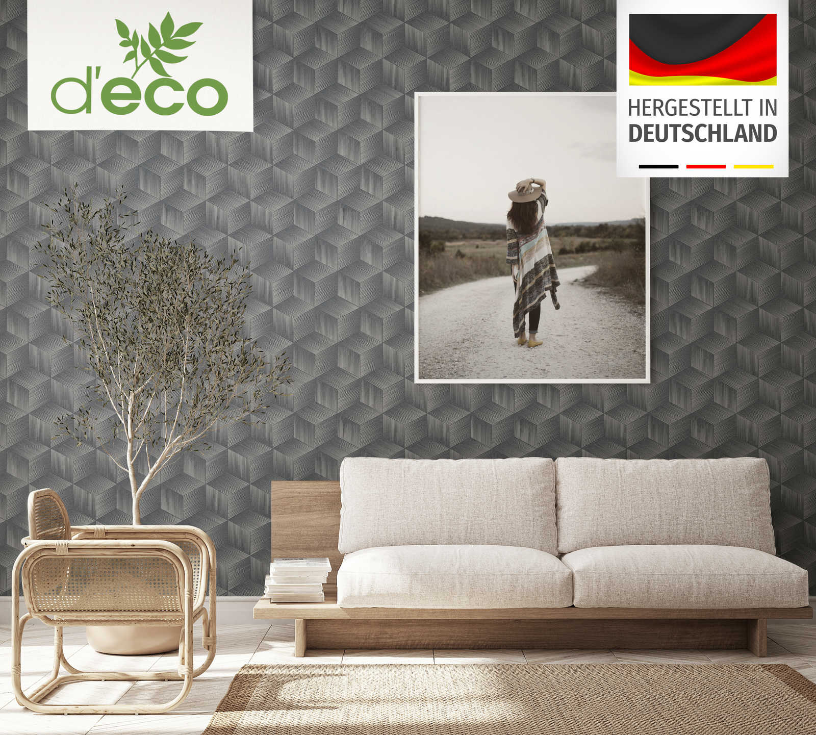 Ekoloģiskās tapetes ar 3D kvadrātveida rakstu: pelēkā, melnā, 385064 AS Creation