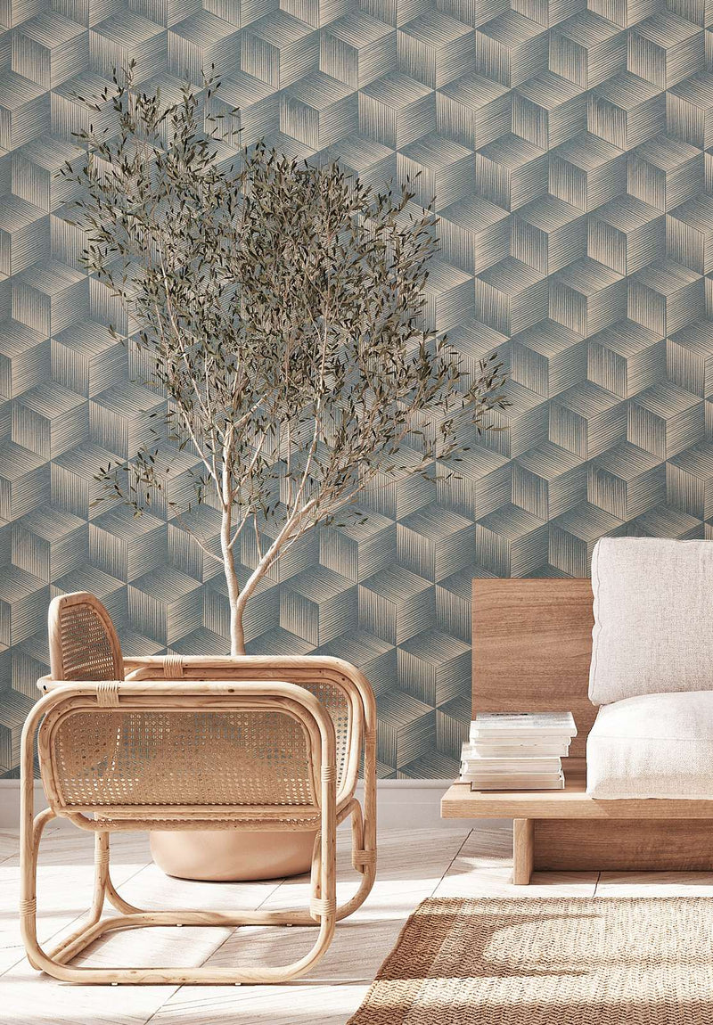 Wallpaper with 3D square pattern without PVC: blue, beige, 1360047 🌱 AS Creation