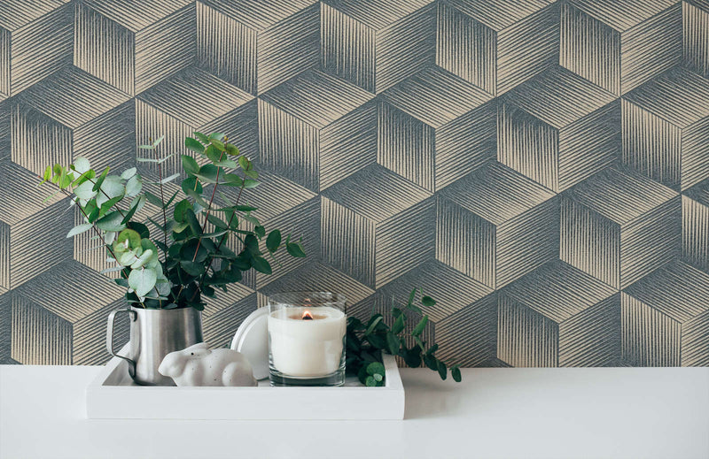 Wallpaper with 3D square pattern without PVC: blue, beige, 1360047 🌱 AS Creation