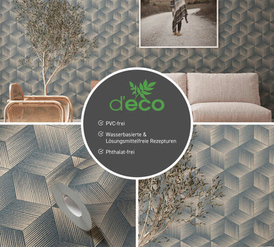 Wallpaper with 3D square pattern without PVC: blue, beige, 1360047 🌱 AS Creation