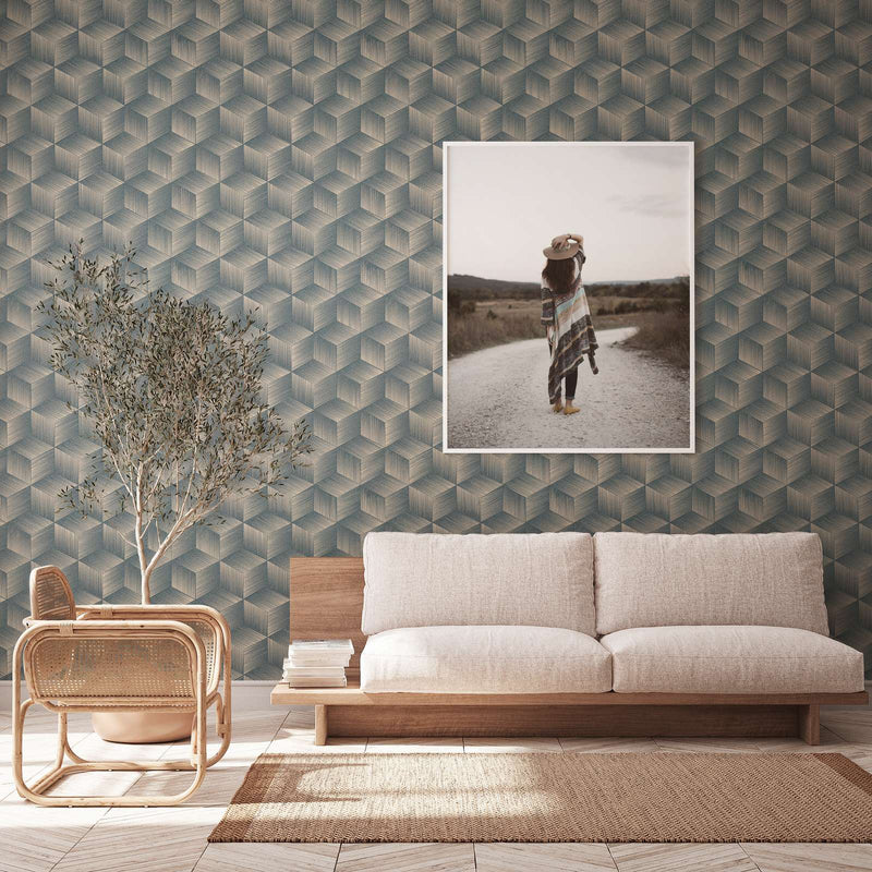 Wallpaper with 3D square pattern without PVC: blue, beige, 1360047 🌱 AS Creation