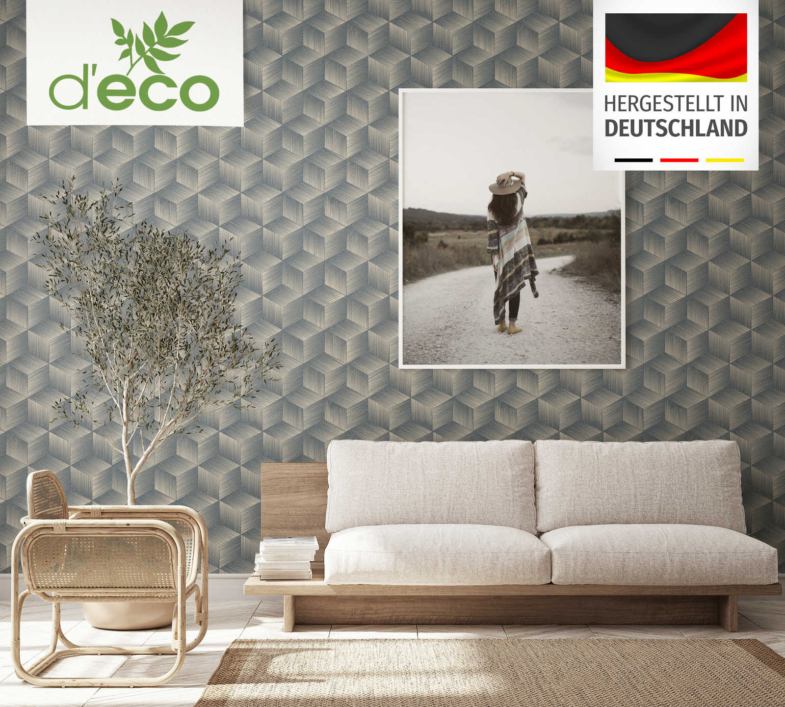 Ekoloģiskās tapetes ar 3D kvadrātveida rakstu: zilā, bēšā, 385063 AS Creation