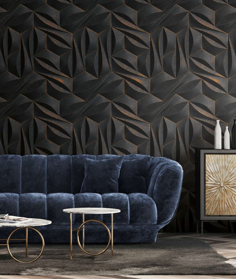 Wallpaper with 3D optical pattern and metallic look, black, 1375157 AS Creation