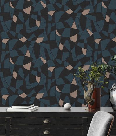 Wallpaper with abstract pattern in dark blue and black, 1373427 AS Creation