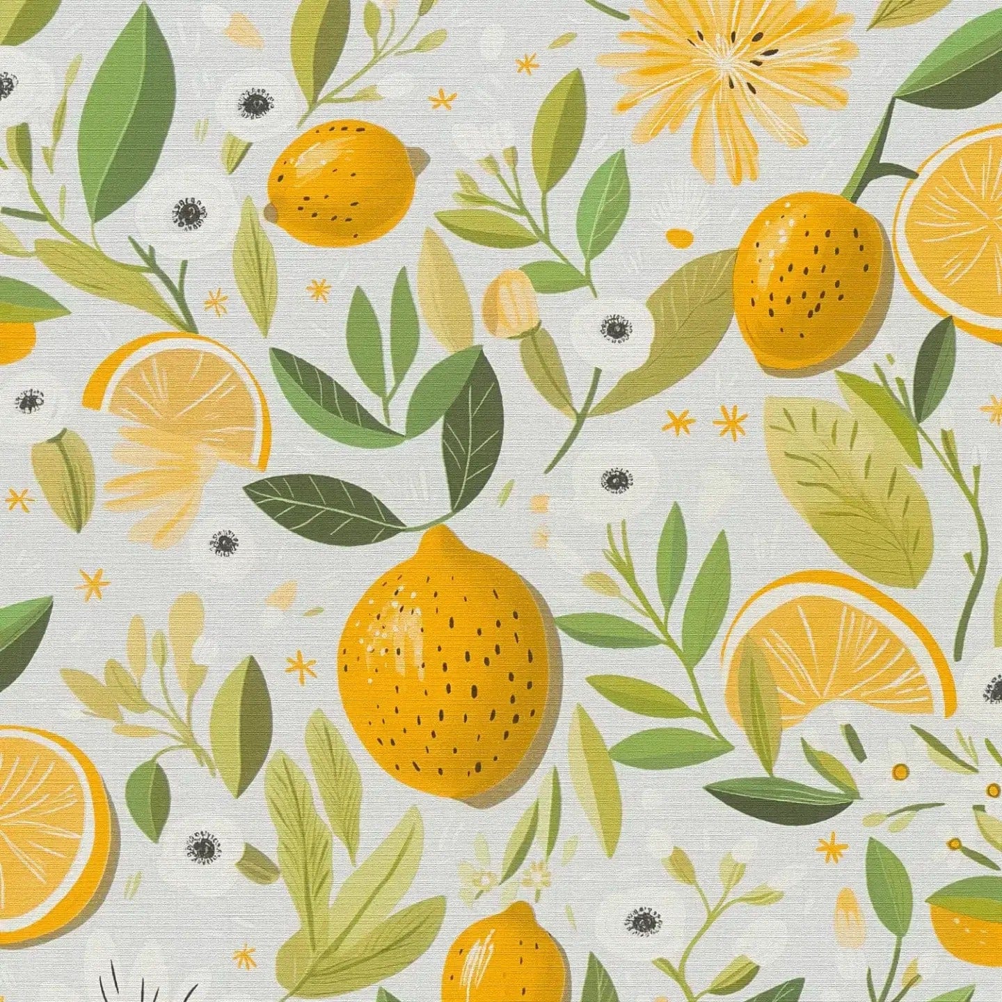 Lähikuva keltaisesta tapetista, jossa on oransseja ja lehtiä ja jossa näkyy hienovarainen rakenne. SKU: 3012213, AS Creation.