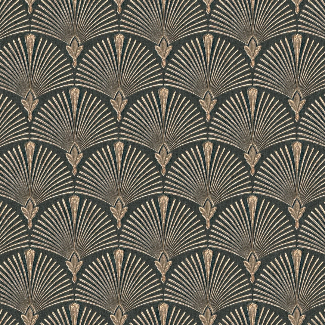 Tapetes ar Art Deco ornamentu: pāvu spalva melnā un zeltā, 1034615 Erismann