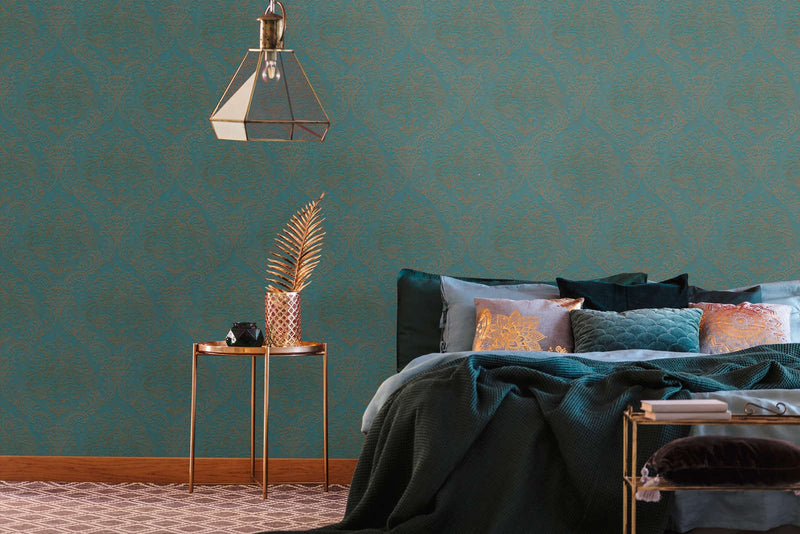 Baroque wallpaper with metallic look in turquoise and gold - 1373724 AS Creation