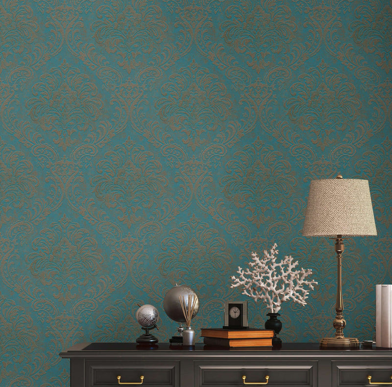 Baroque wallpaper with metallic look in turquoise and gold - 1373724 AS Creation