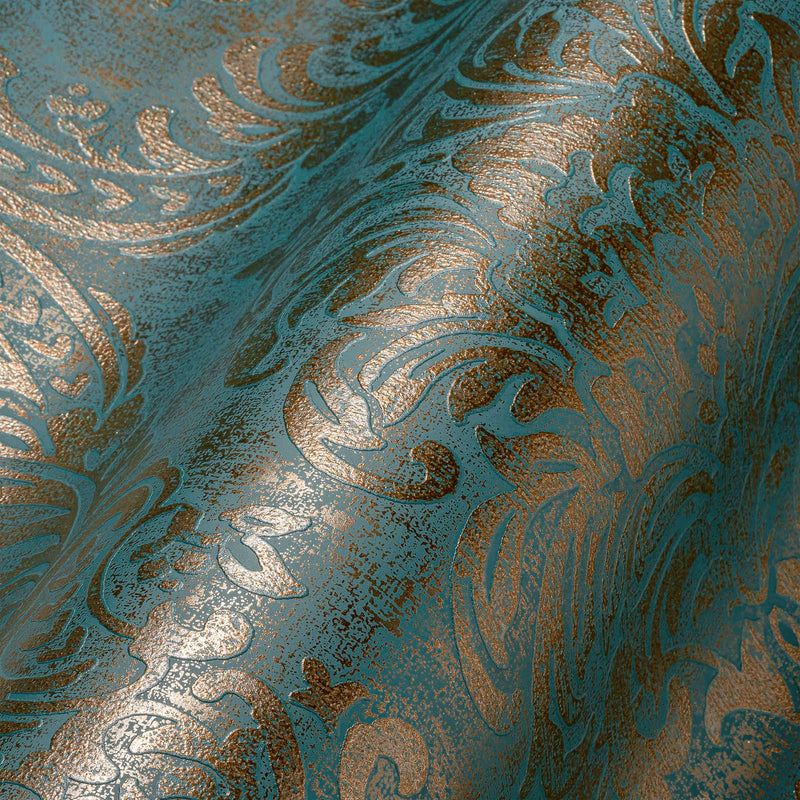 Baroque wallpaper with metallic look in turquoise and gold - 1373724 AS Creation