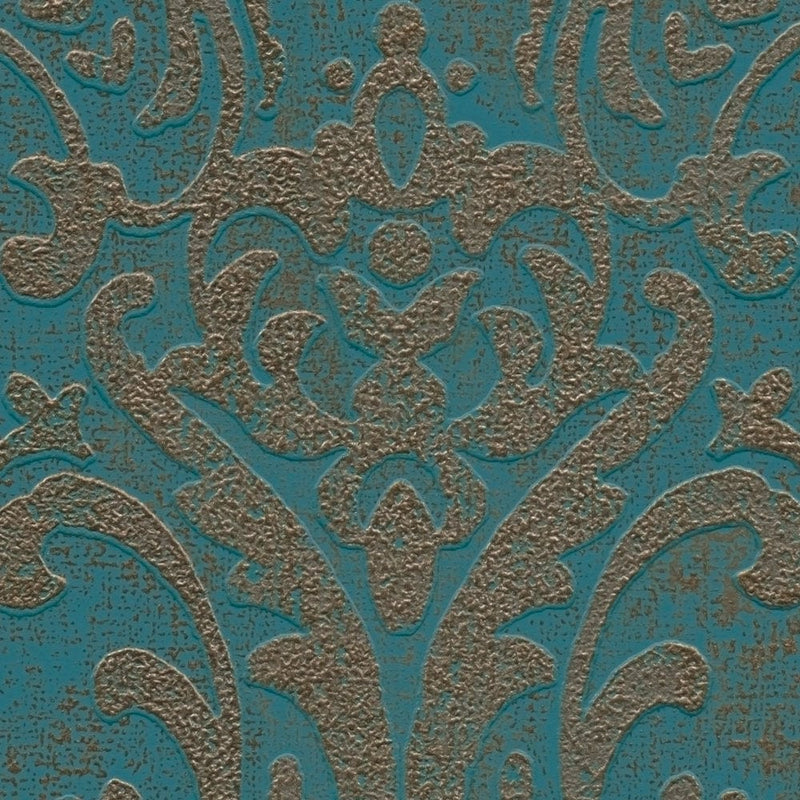 Baroque wallpaper with metallic look in turquoise and gold - 1373724 AS Creation