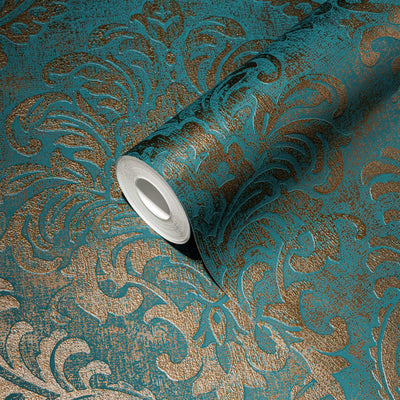 Baroque wallpaper with metallic look in turquoise and gold - 1373724 AS Creation