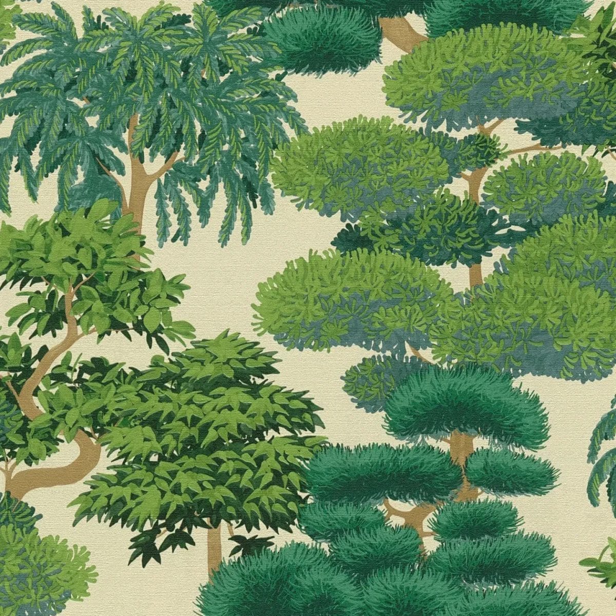 Крупный план: зеленые обои с ботаническим рисунком джунглей, подчеркивающим текстуру и цвет листьев. SKU: 3012073, AS Creation.