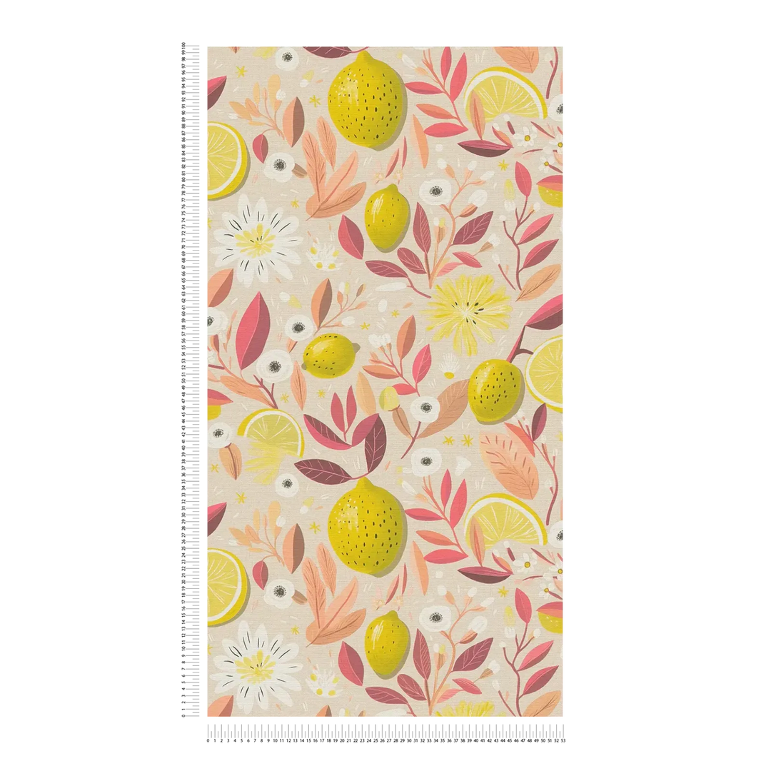 Tapetes ar citroniem un rozā krāsas augiem, matētas - 3012215 AS Creation