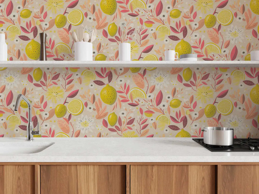 Tapetes ar citroniem un rozā krāsas augiem, matētas - 3012215 AS Creation