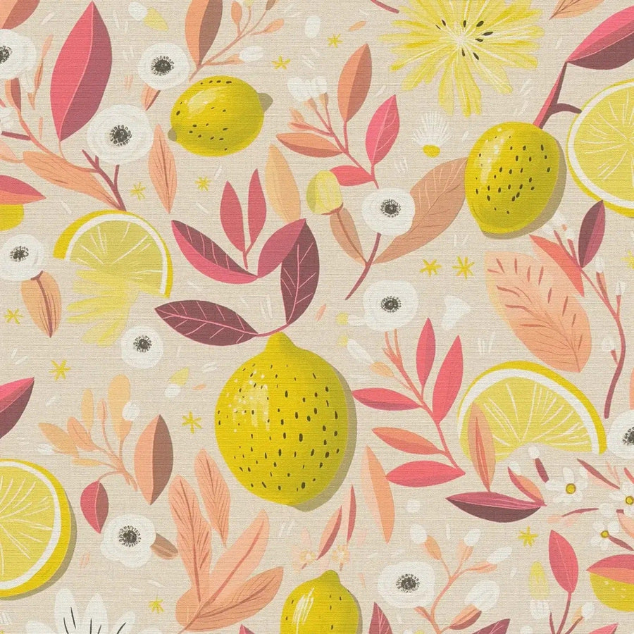 Tapetes ar citroniem un rozā krāsas augiem, matētas - 3012215 AS Creation