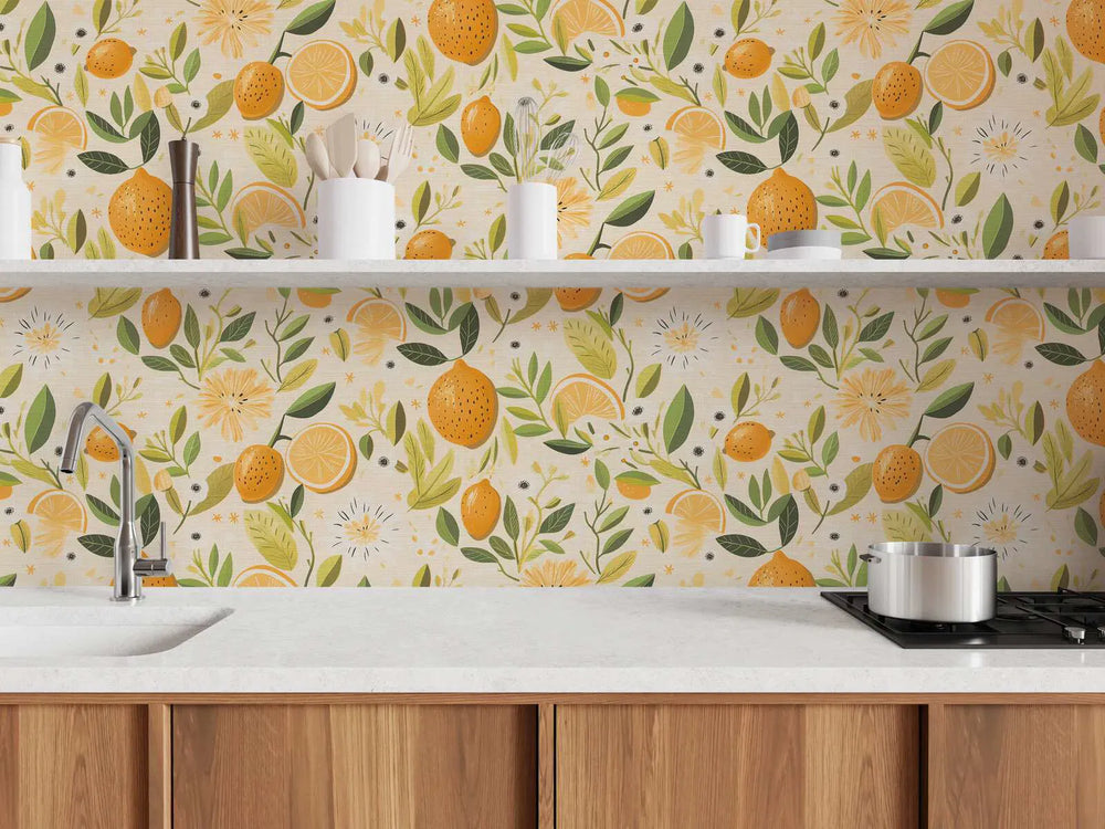 Tapetes ar citrusaugļiem - krēmkrāsa, dzeltena, zaļa - 3012214 AS Creation