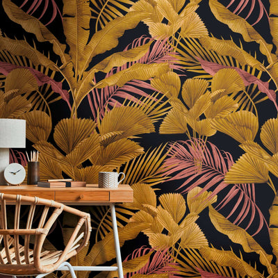 Wallpapers with different jungle leaves - black, gold, pink, 1375255 AS Creation