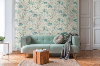 Wallpaper with different leaves: green, cream, turquoise, 1400414 AS Creation