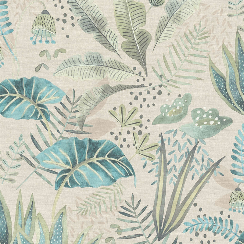 Wallpaper with different leaves: green, cream, turquoise, 1400414 AS Creation