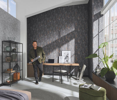 Wallpaper with a design reminiscent of tree bark and cool lava, black, 3752353 Erismann