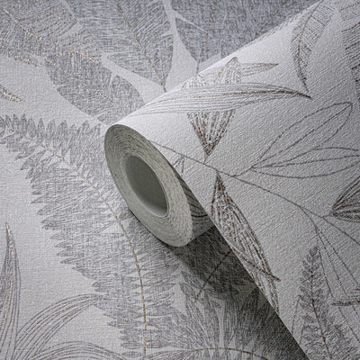 Wallpaper with jungle leaves - lightly textured pattern - grey, 1406375 AS Creation