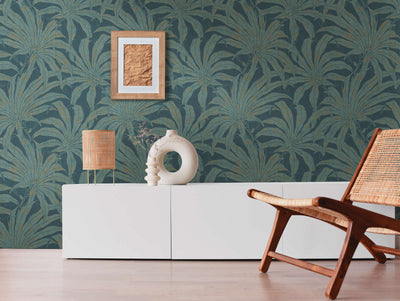 Wallpaper with jungle leaves: blue with gold fragments, 1403410 AS Creation