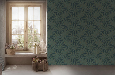 Wallpaper with jungle leaves: blue with gold fragments, 1403410 AS Creation