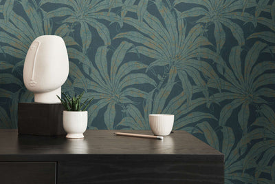 Wallpaper with jungle leaves: blue with gold fragments, 1403410 AS Creation