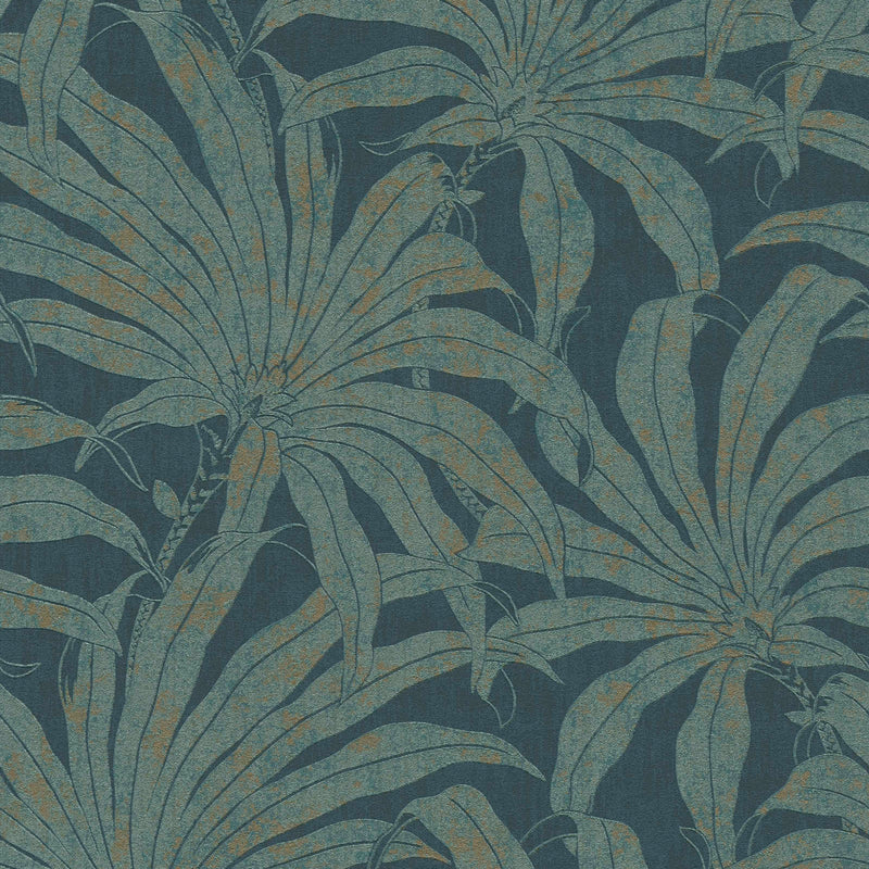 Wallpaper with jungle leaves: blue with gold fragments, 1403410 AS Creation