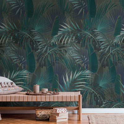 Wallpaper with jungle leaf motif in dark green, 1375173 AS Creation