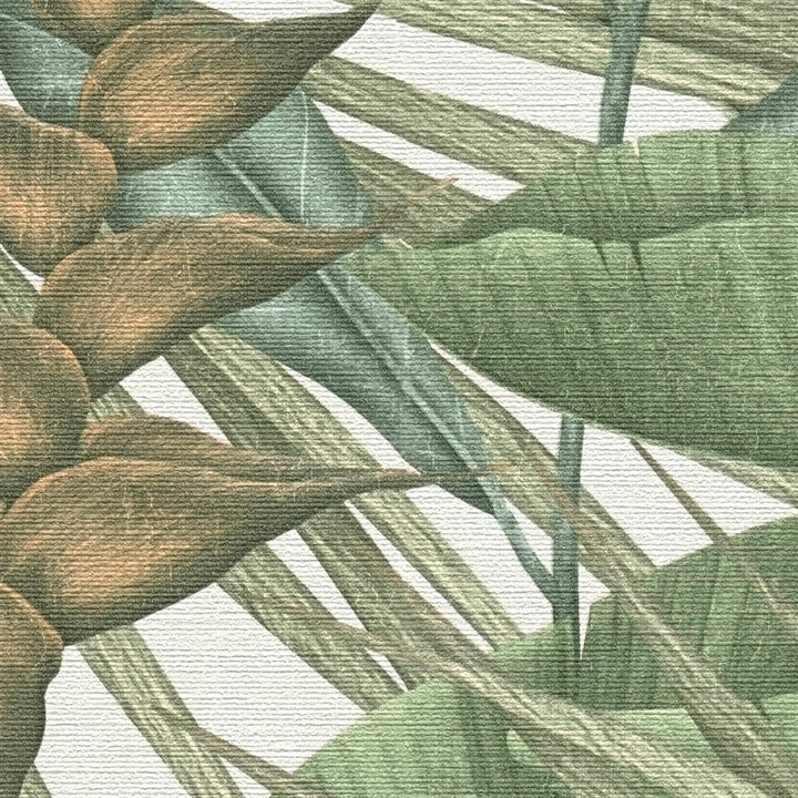 Tapetes ar džungļu lapu rakstu un krāsainiem akcentiem, zaļā, 396472 AS Creation