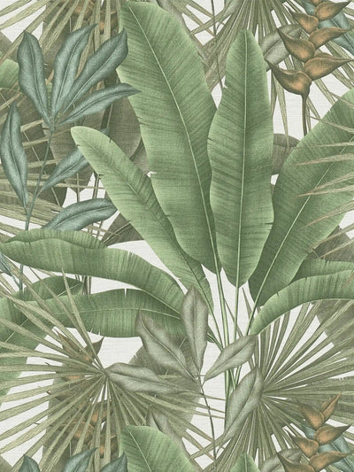 Tapetes ar džungļu lapu rakstu un krāsainiem akcentiem, zaļā, 1406270 AS Creation