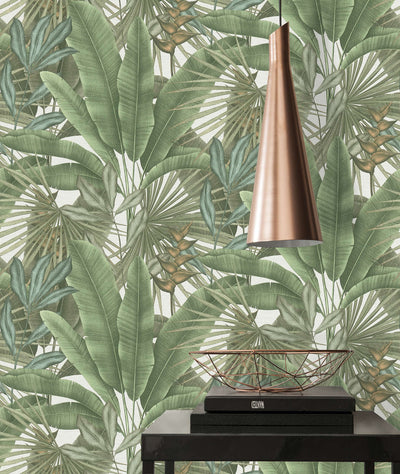 Wallpaper with jungle leaf pattern and colourful accents, green, 1406270 AS Creation