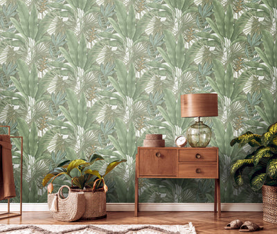 Wallpaper with jungle leaf pattern and colourful accents, green, 1406270 AS Creation