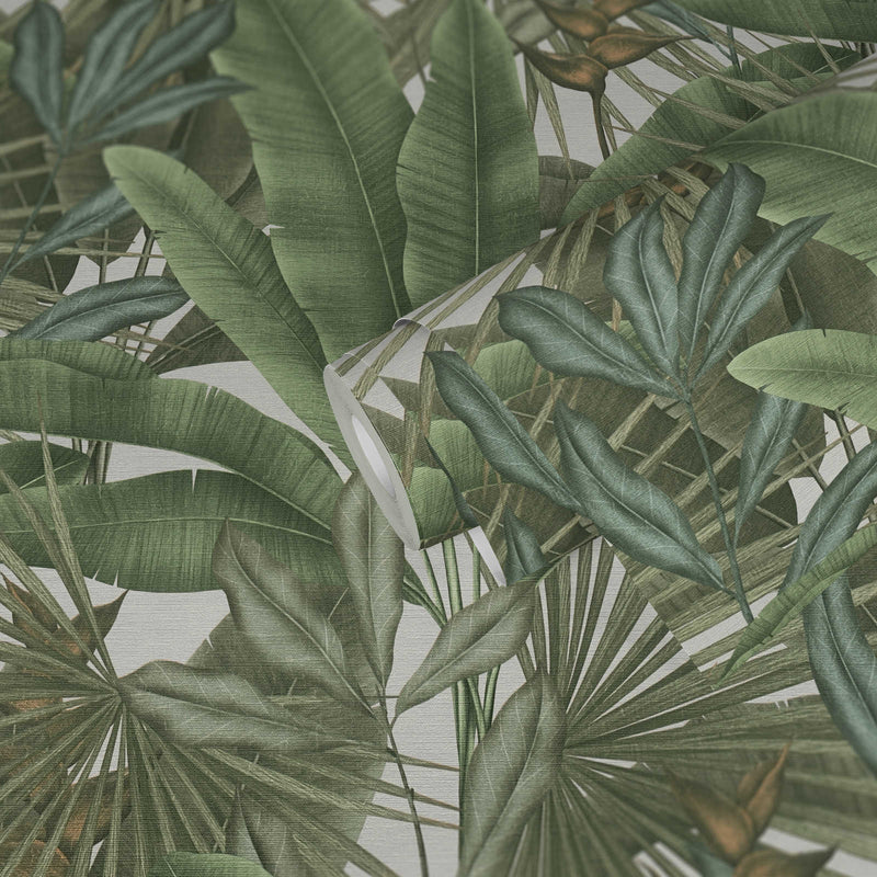Обои с рисунком листьев джунглей и разноцветными акцентами, зеленые, 1406270 AS Creation