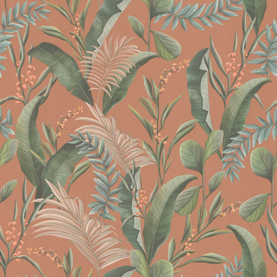 Wallpaper with exotic leaves, matt: orange, green, 1402172 AS Creation