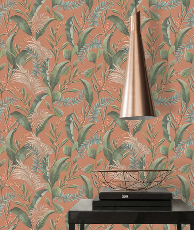 Wallpaper with exotic leaves, matt: orange, green, 1402172 AS Creation