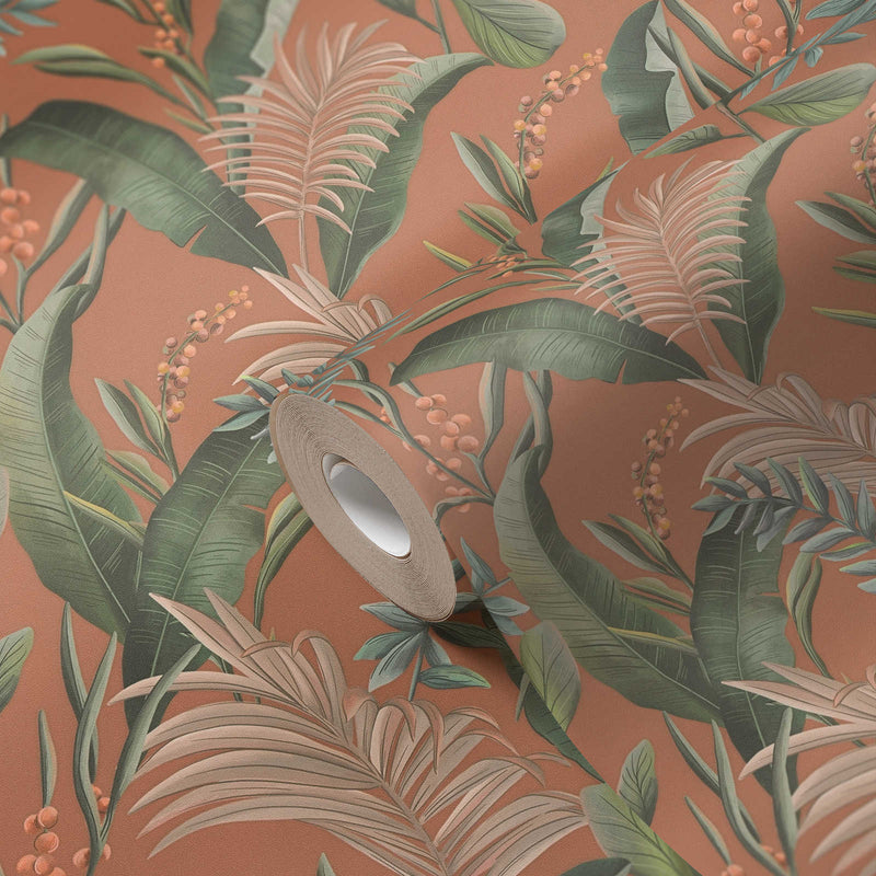 Wallpaper with exotic leaves, matt: orange, green, 1402172 AS Creation