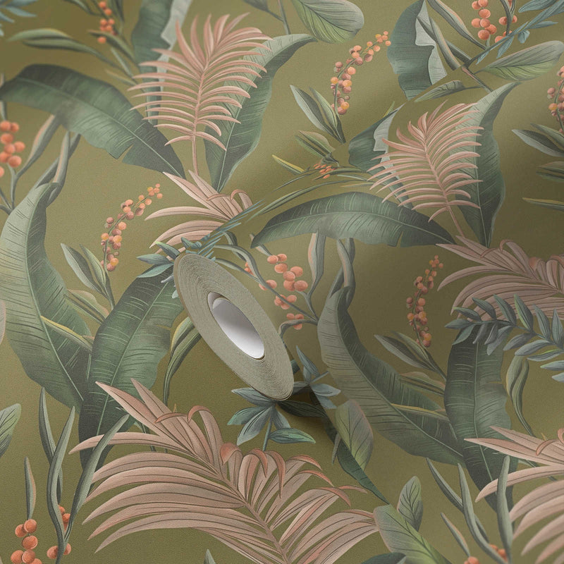 Wallpaper with exotic leaves, matt: green, 1402173 AS Creation