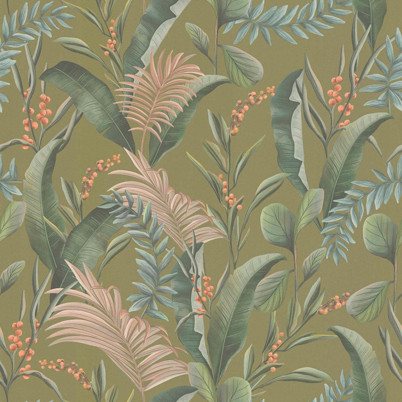 Wallpaper with exotic leaves, matt: green, 1402173 AS Creation