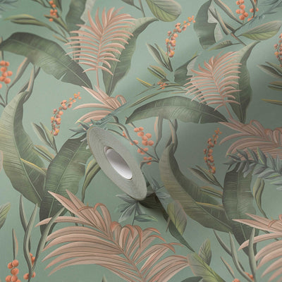 Wallpaper with exotic leaves, matt: green, 1402174 AS Creation