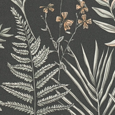 Wallpaper with exotic leaves: black and white, 1402145 AS Creation