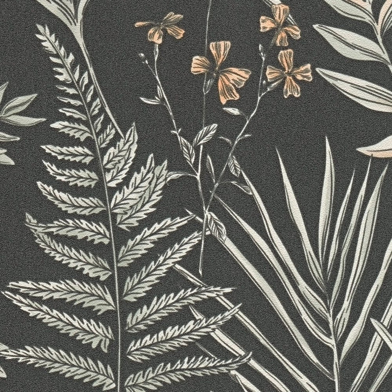 Wallpaper with exotic leaves: black and white, 1402145 AS Creation