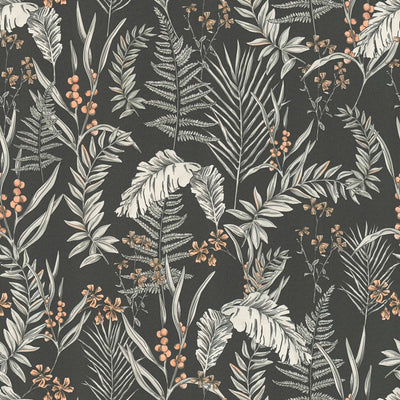 Wallpaper with exotic leaves: black and white, 1402145 AS Creation