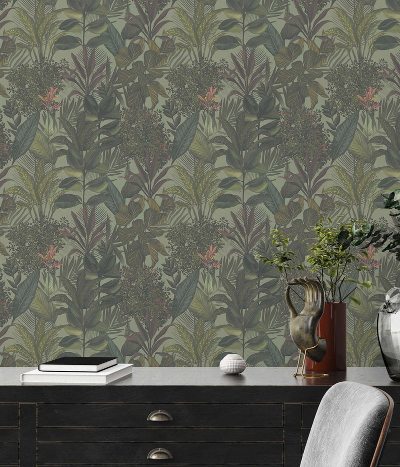 Wallpaper with exotic leaves: dark green, 1402133 AS Creation